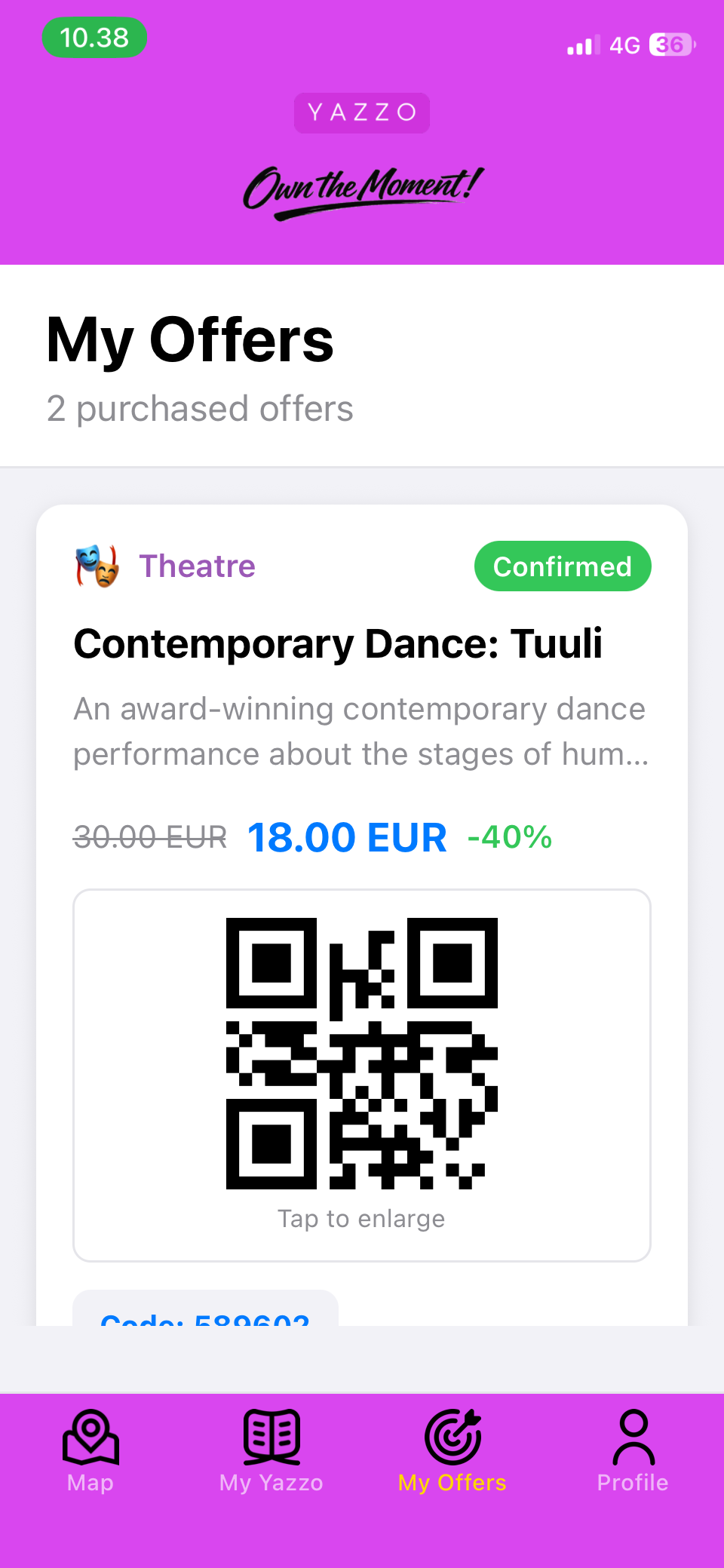 Yazzo My Offers screen with QR code